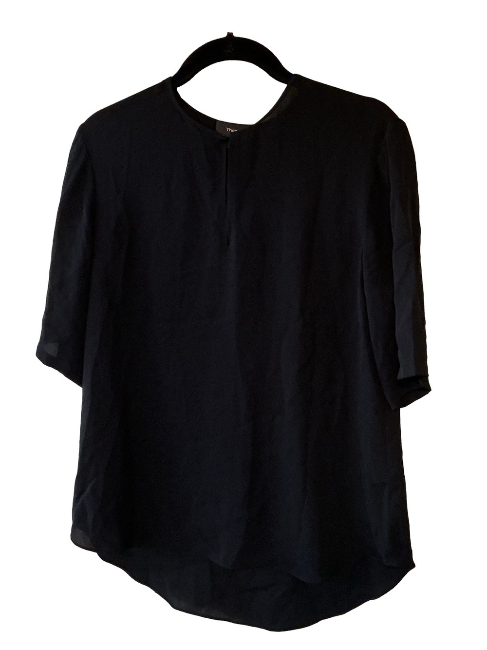 Theory Black 100% Silk Split Front Keyhole Blouse Top P/XS Semi Sheer